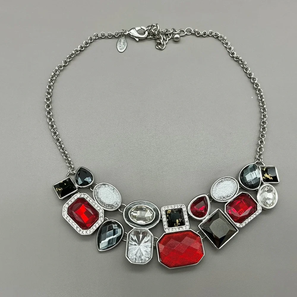 Chico's Necklace Red Black Rhinestone Silver Tone Geometric Bib Statement Chunky